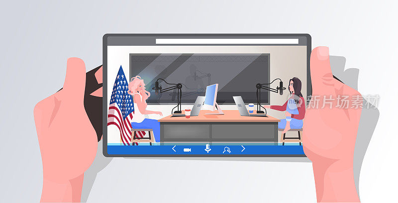podcasters on tablet screen talking to microphones recording podcast in radio studio podcasting concept women couple discussing during meeting horizontal vector illustration